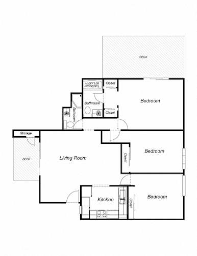 Floor Plan  A floor plan of a house with a living room, kitchen, and three bedrooms.