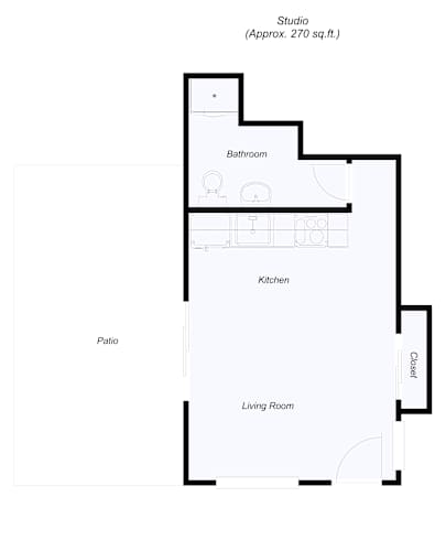 Floor Plan  A floor plan of a studio apartment with a living room, kitchen, bathroom and patio.