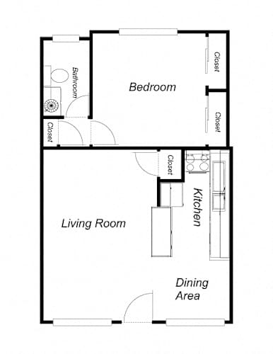 Floor Plan  A floor plan of a small apartment with a bedroom, living room, kitchen, and dining area.