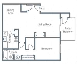 Floor Plan  A floor plan of a home showing a dining area, living room, kitchen, bath, bedroom and patio.
