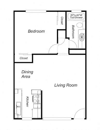 Floor Plan  A floor plan of a small apartment with a bedroom, a living room, a dining area, and a kitchen.