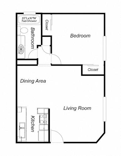 Floor Plan  A floor plan of a small apartment with a bathroom, bedroom, living room, and kitchen.