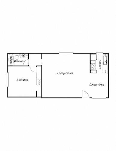 Floor Plan  A floor plan of a small apartment with a living room, dining area, kitchen, and two bedrooms.