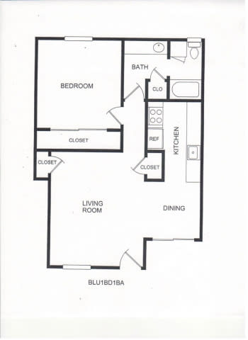 Floor Plan  A black and white image of a floor plan for an apartment.