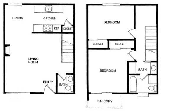 Floor Plan  A floor plan of a two bedroom apartment with a living room, dining room, kitchen, and balcony.
