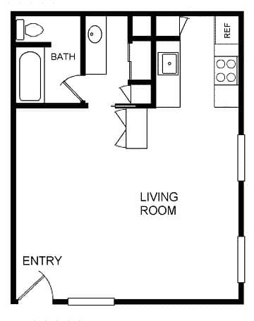 Floor Plan  A black and white drawing of a living room with an entry way.
