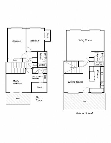 Floor Plan  A floor plan of a house with two bedrooms, a master bedroom, a living room, a dining room, a kitchen, a bathroom, a laundry room, and a top floor.