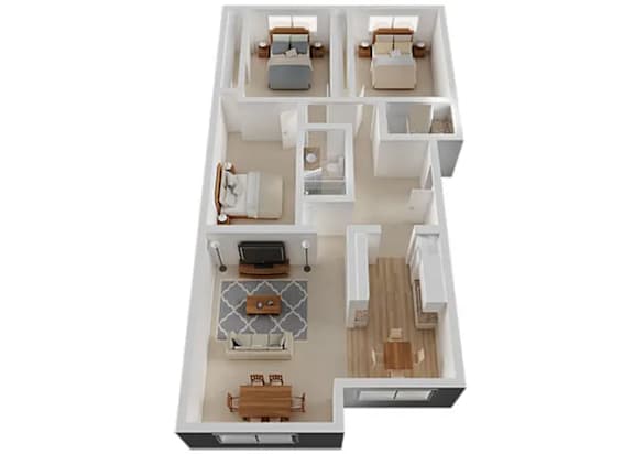 Floor Plan  A 3D floor plan of a house with a kitchen, living room, and two bedrooms.