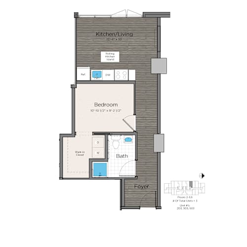 Floor Plan  A floor plan of a small apartment with a kitchen, living room, bedroom, bathroom, and foyer.