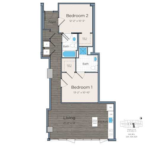 Floor Plan  2 bedroom Affordable Dwelling Unit (ADU) at Leo at Waterfront Station in Southwest Waterfront in Washington, DC 20024