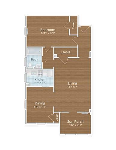 Floor Plan  A floor plan of a house with a bedroom, bath, kitchen, dining area, living room, and sun porch.