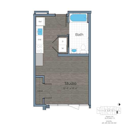 Floor Plan  Studio Affordable Dwelling Unit (ADU) at Leo at Waterfront Station at Southwest Waterfront in Washington, DC 20024