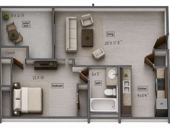 Floor Plan  A 10x12 floor plan of a house with a bedroom, bathroom, kitchen, living room, and patio deck.