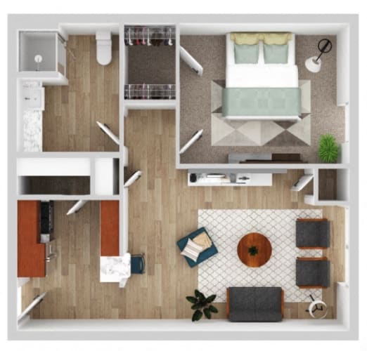 Floor Plan  a stylized floor plan of a bedroom with a living room