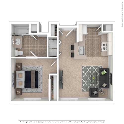 Floor Plan  A floor plan of a small apartment with a kitchen, living room, and bathroom.