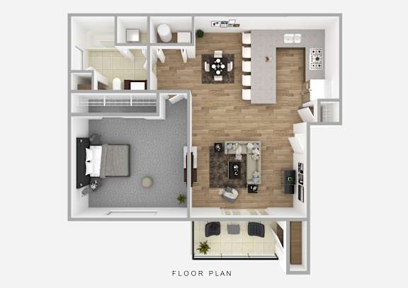 Floor Plan  A floor plan of a house with a living room, kitchen, dining room, and bathroom.