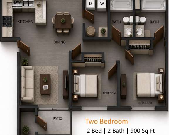 Floor Plan  A floor plan of a two bedroom apartment with two bathrooms and a total area of 900 square feet.