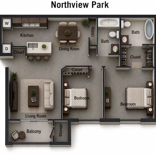 Floor Plan  Two bedroom floor plan with dual bathrooms at Northview Park Apartments, Sterling Heights, Michigan