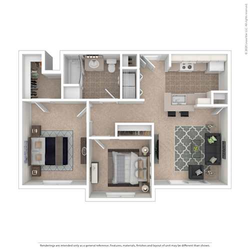Floor Plan  A floor plan of a small apartment with a kitchen, living room, and bathroom.