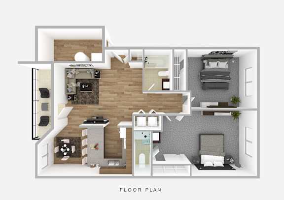 Floor Plan  A floor plan of a small apartment with a kitchen, living room, and bedrooms.