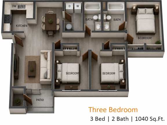 Floor Plan  A 3 bedroom apartment with 2 bathrooms and a patio is shown.