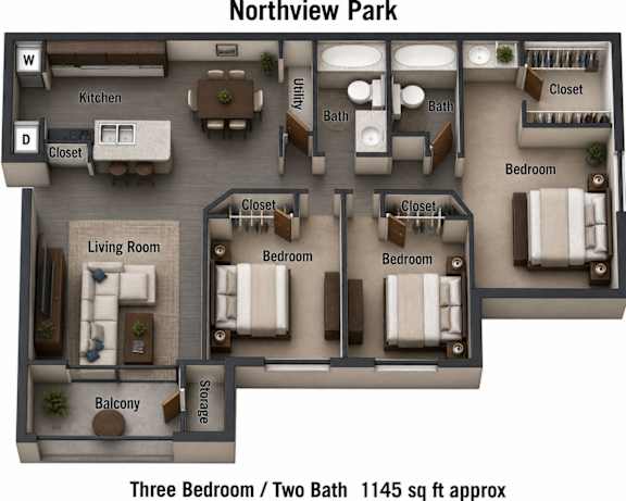 Floor Plan  3D floor plan three bedroom two bath layout at Northview Park Apartments, Sterling Heights