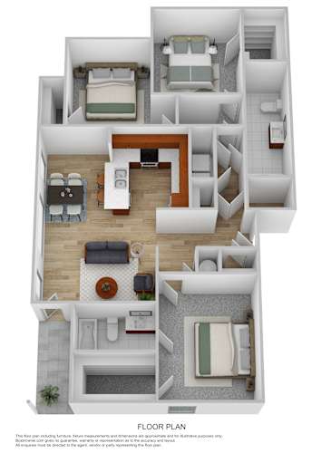 Floor Plan  A floor plan of a house with a kitchen, living room, dining room, and bathrooms.