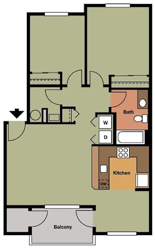 Floor Plan  A floor plan of a house with a kitchen, bath, and balcony.