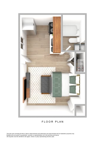 Floor Plan  a stylized floor plan of a 1 bedroom apartment