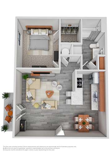 Floor Plan  A floor plan of a small apartment with a bedroom, living room, and kitchen.
