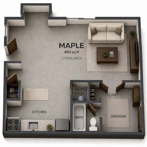 Floor Plan  A 3D floor plan of a 480 square foot living area.