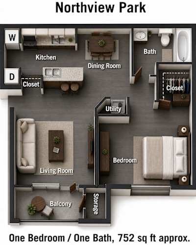 Floor Plan  One bedroom floor plan with balcony and storage at Northview Park Apartments, Michigan