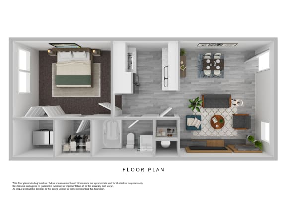 Floor Plan  a stylized floor plan of a 1 bedroom apartment