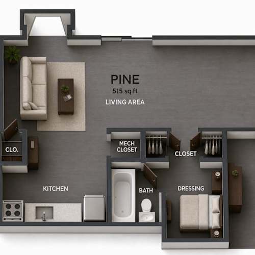 Floor Plan  A floor plan of a 515 sq ft living area with a kitchen, bath, and dressing area.