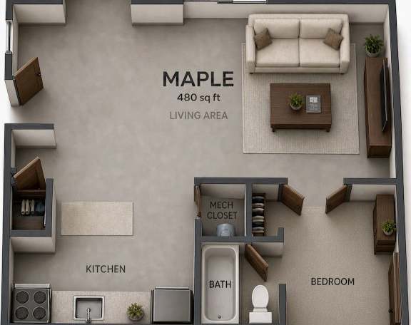 Floor Plan  A 3D floor plan of a 480 square foot living area with a kitchen, bathroom, and bedroom.