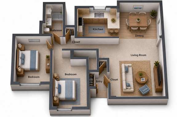 Floor Plan  A 3D floor plan of a house with two bedrooms, a living room, a dining room, a kitchen, a bathroom, and a closet.