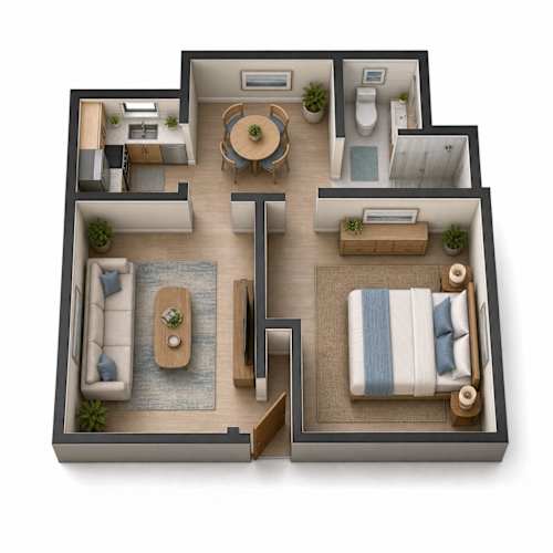 Floor Plan  A 3D floor plan of a house with a living room, kitchen, dining room, and bedrooms.