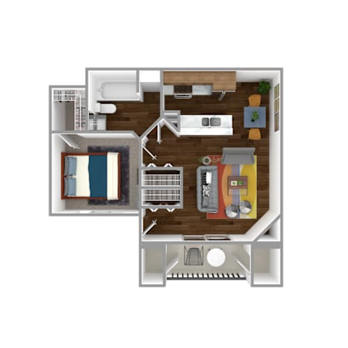 Floor Plan  One bedroom 1 bath floorplan with balcony at Stetson Meadows Apartments, Colorado Springs, CO