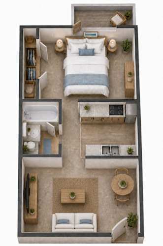 Floor Plan  A top-down view of a bedroom with a bed, a couch, a chair, a table, and a bathtub.