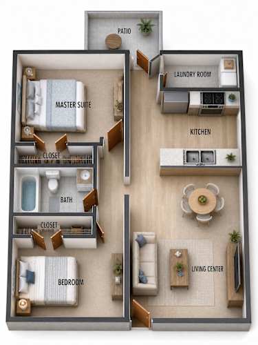 Floor Plan  A floor plan of a small apartment with a master suite, two bedrooms, a kitchen, and a living room.