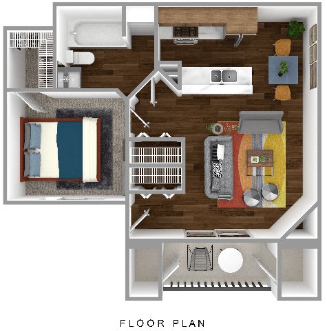Floor Plan  One bedroom apartment floor plan with open living space at Stetson Meadows Apartments, Colorado Springs