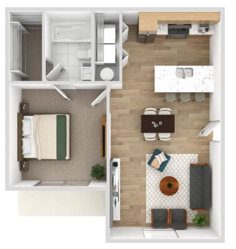 Floor Plan  the interior of a studio apartment with a bedroom and a living room