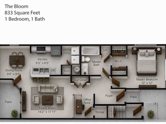 Floor Plan  A floor plan of a one bedroom apartment named The Bloom.