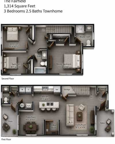 Floor Plan  A 3 bedroom, 2.5 bath townhome floor plan.