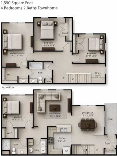 Floor Plan  A floor plan of a 4 bedroom, 2 bath townhome.