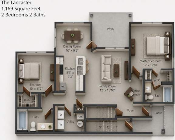 Floor Plan  A floor plan of a 1,169 square feet home with 2 bedrooms and 2 bathrooms.