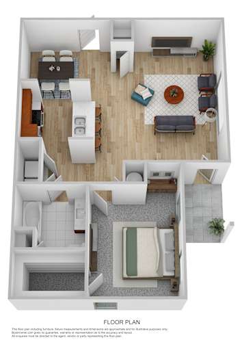 Floor Plan  A floor plan of a house with a living room, dining room, kitchen, and bathroom.