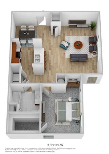 Floor Plan  A floor plan of a house with a living room, dining room, kitchen, and two bedrooms.
