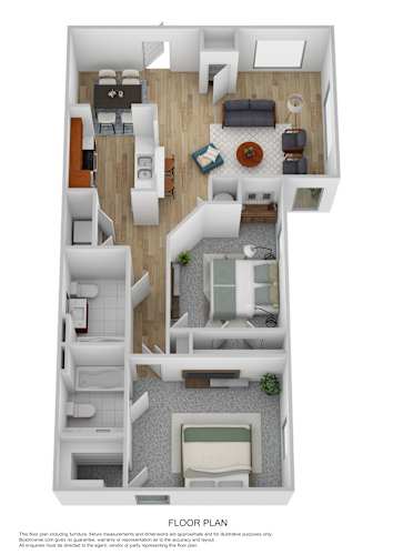 Floor Plan  A floor plan of a house with a living room, dining room, kitchen, and bathrooms.