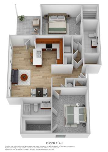 Floor Plan  A floor plan of a small apartment with a living room, kitchen, and two bedrooms.